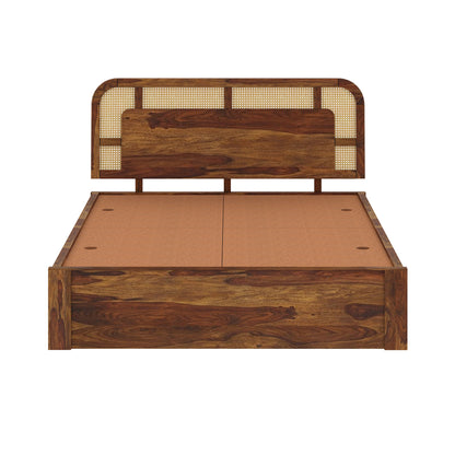 Wooden bed Fraem with woven headboard on a white background Front Angle