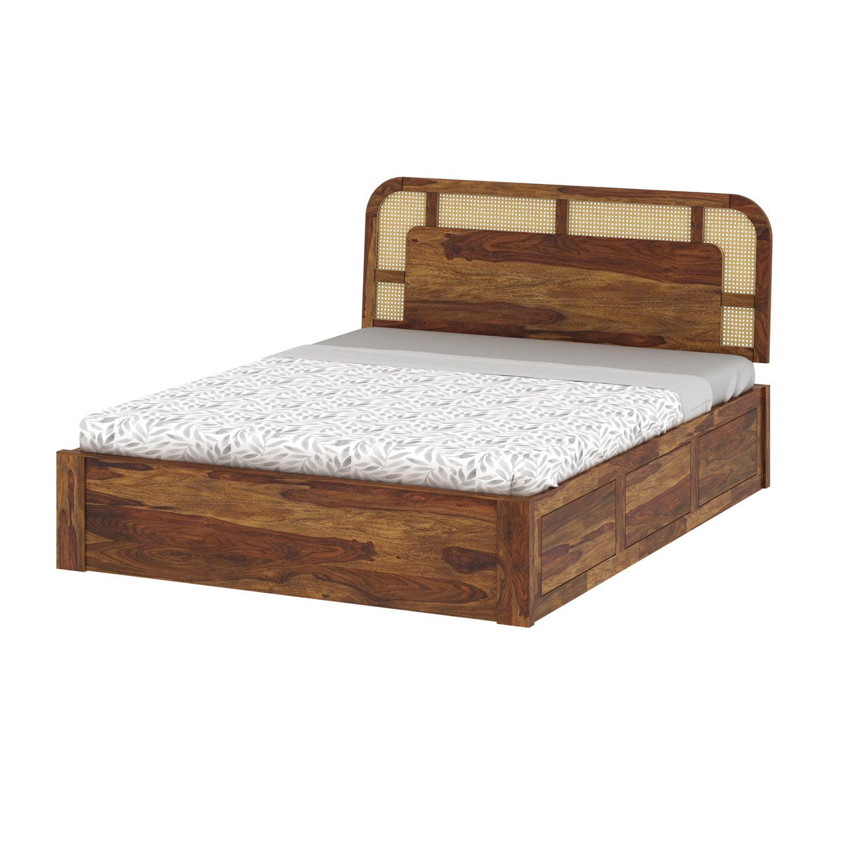 Wooden bed with woven headboard on a white background