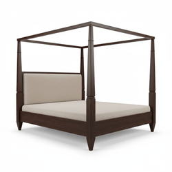 Wooden canopy bed with beige cushion on a white background