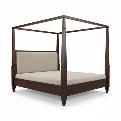 Wooden canopy bed with beige cushion on a white background