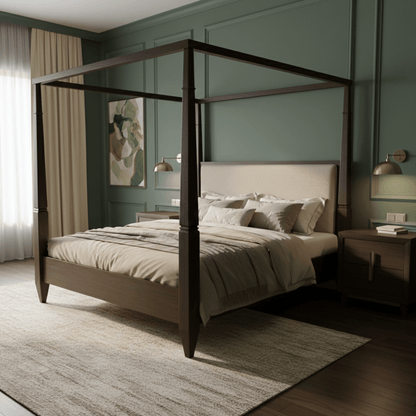 Four-poster bed in a bedroom with green walls and wooden floors.