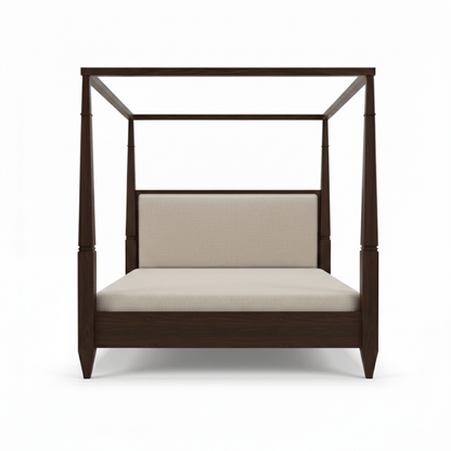 Wooden canopy bed with beige cushion on a white background