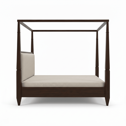 Wooden canopy bed with beige cushion on a white background