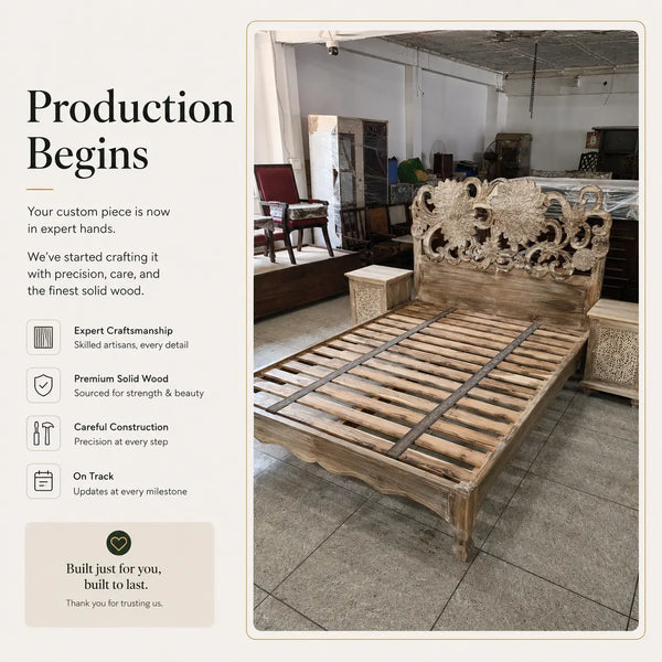 Bellflower hand-carved solid wood bed entering production in a furniture workshop for an Oak & Loom custom order.