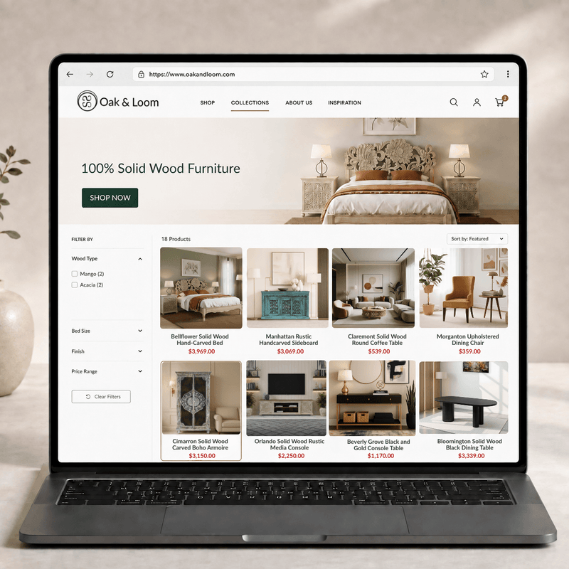 Laptop displaying the Oak & Loom furniture collection page with solid wood beds, dining chairs, coffee tables, sideboards, media consoles, and storage furniture.