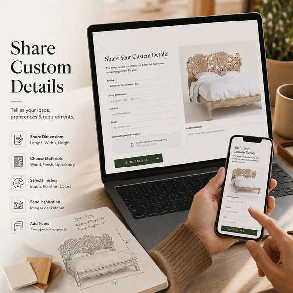 Customer sharing custom dimensions, materials, finishes and design details for a Bellflower carved wood bed on the Oak & Loom customization form.