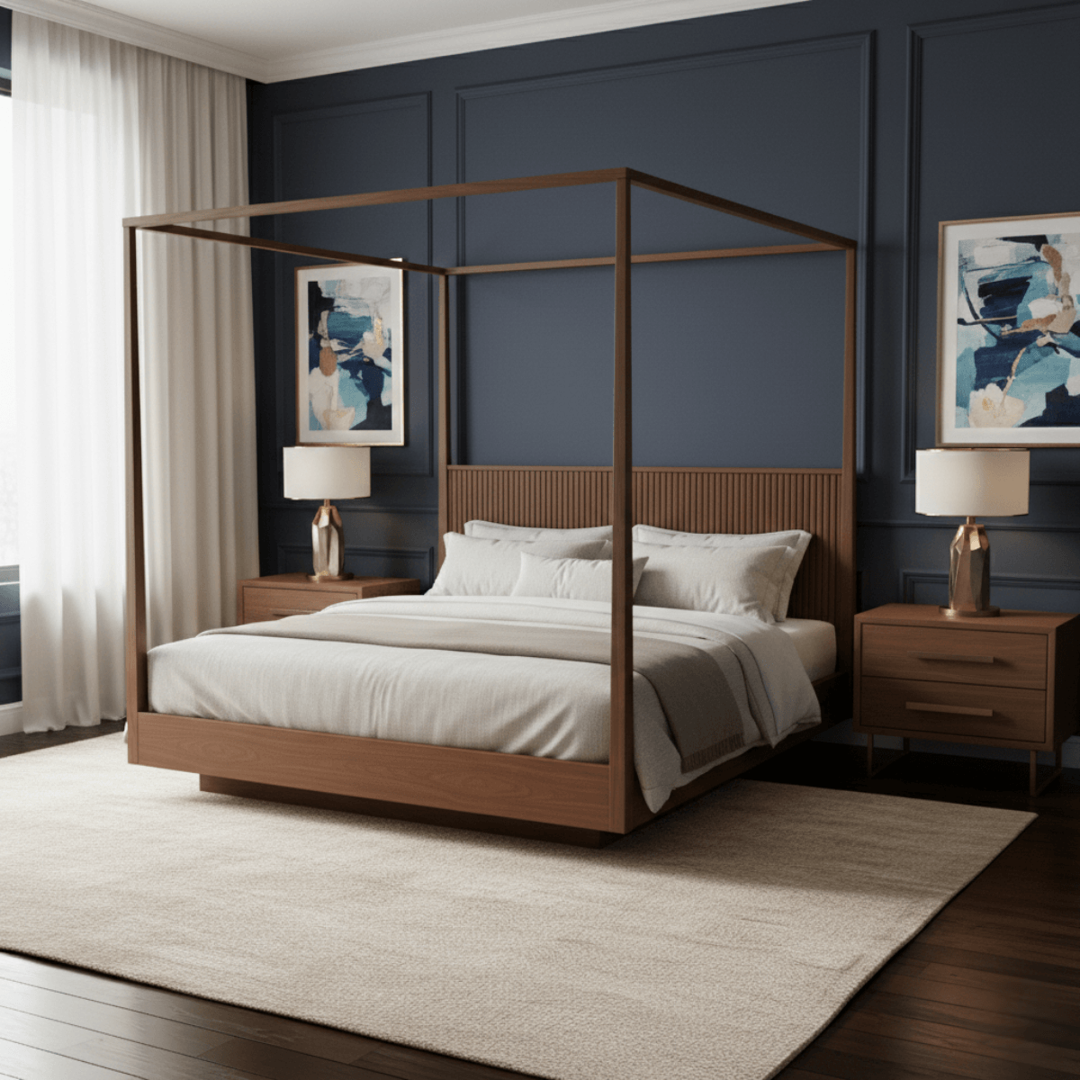 Wooden canopy bed in a bedroom with dark blue walls and white bedding.