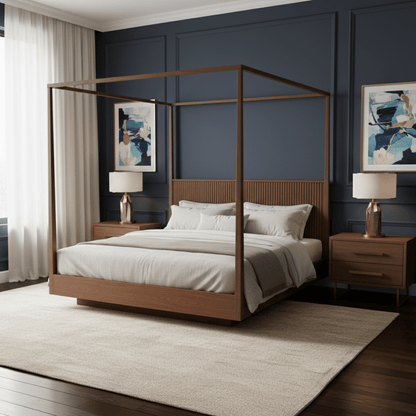 Wooden canopy bed in a bedroom with dark blue walls and white bedding.