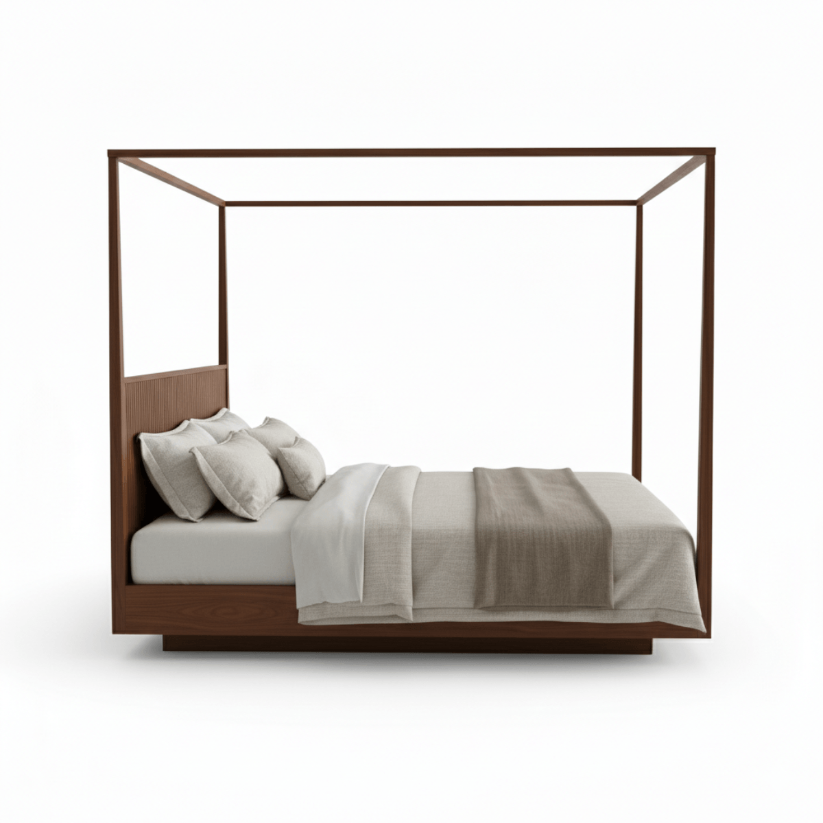 Wooden canopy bed with bedding on a white background