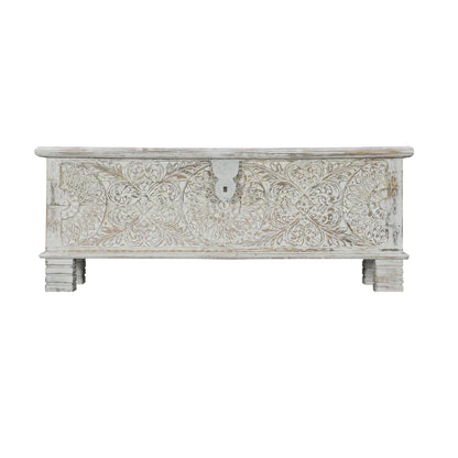Seabrook Rustic Hand Carved Distressed White Large Wooden Trunk