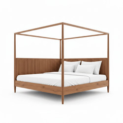 Wooden canopy bed with white bedding on a white background