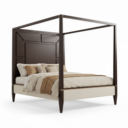 Four-poster bed with wooden frame and beige bedding on a white background