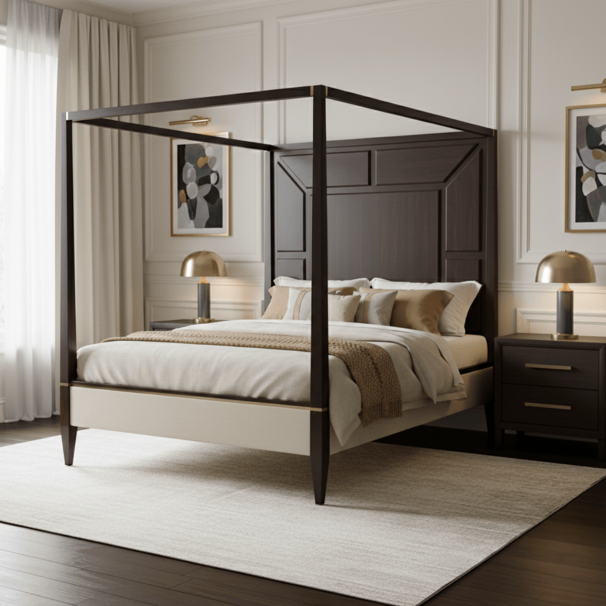 Four-poster bed in a bedroom setting with neutral tones