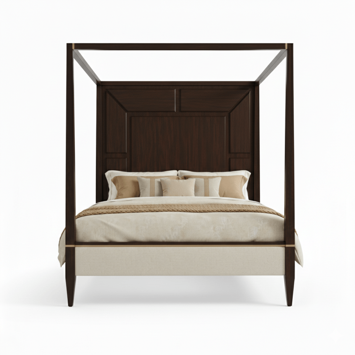 Wooden canopy bed with beige bedding on a white background