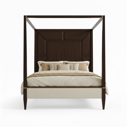 Wooden canopy bed with beige bedding on a white background