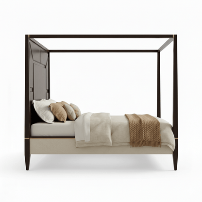 Four-poster bed with bedding and pillows on a white background