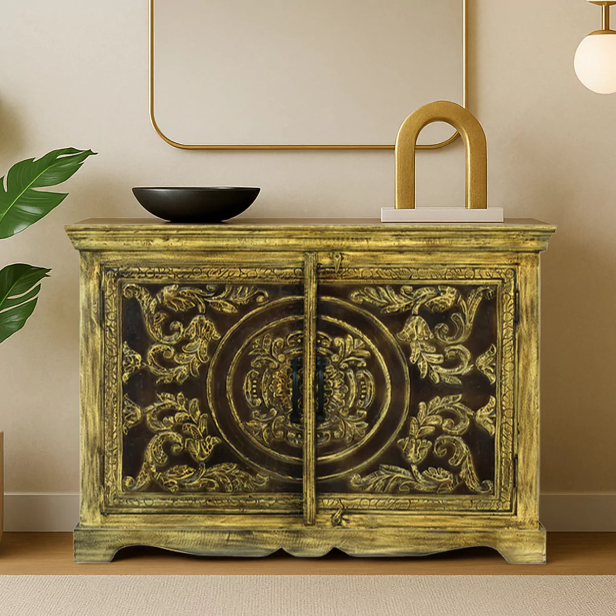 Tarnell Vintage Carved Small Sideboard Antique Gold – isometric view | Oak & Loom Solid Wood Furniture