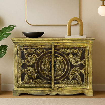 Tarnell Vintage Carved Small Sideboard Antique Gold – isometric view | Oak & Loom Solid Wood Furniture