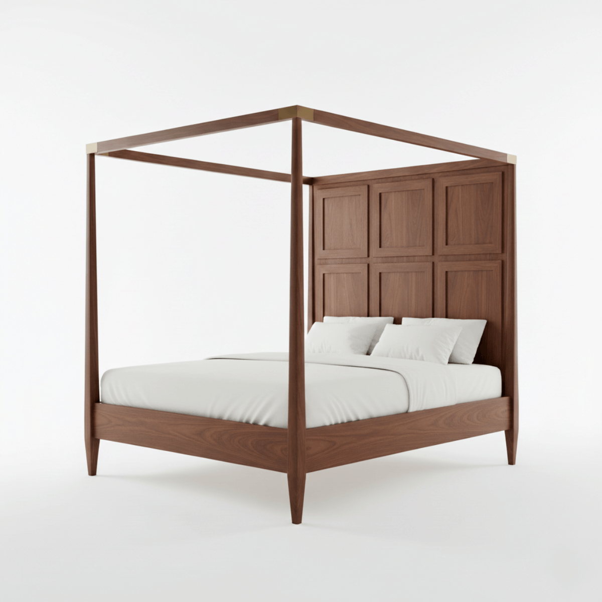 Wooden canopy bed with white bedding on a white background