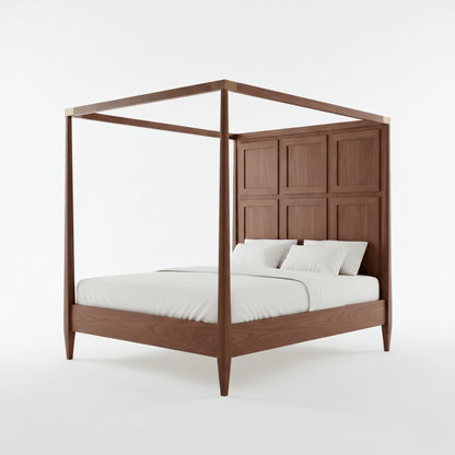 Wooden canopy bed with white bedding on a white background