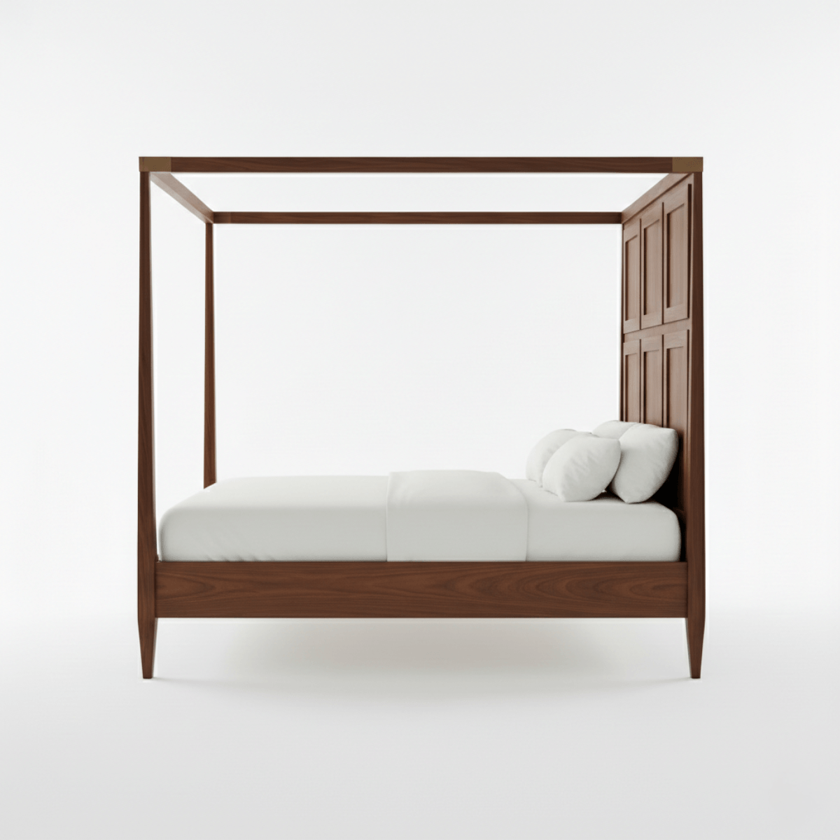Wooden canopy bed with white bedding on a white background