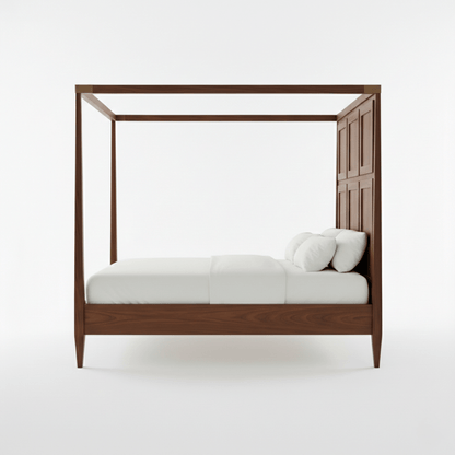 Wooden canopy bed with white bedding on a white background