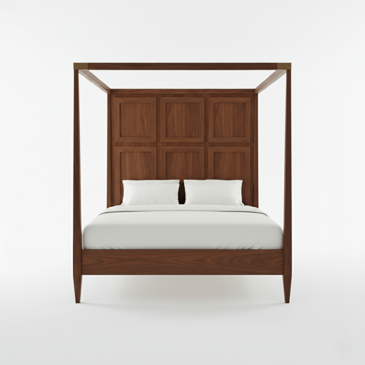 Wooden four-poster bed with white bedding on a white background