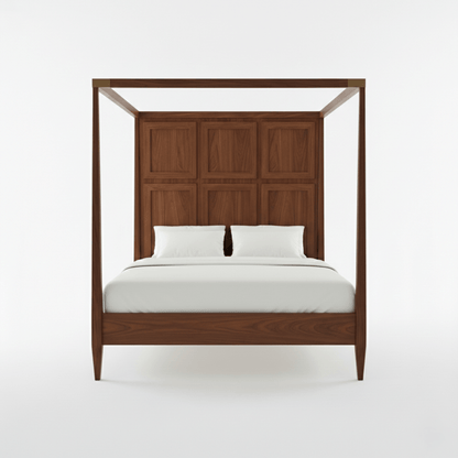 Wooden four-poster bed with white bedding on a white background