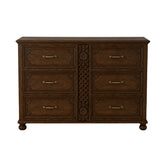 Winnetka hand-carved solid wood 6 drawer dresser in teak finish, front view with carved lattice center panel