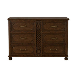 Winnetka hand-carved solid wood 6 drawer dresser in teak finish, front view with carved lattice center panel
