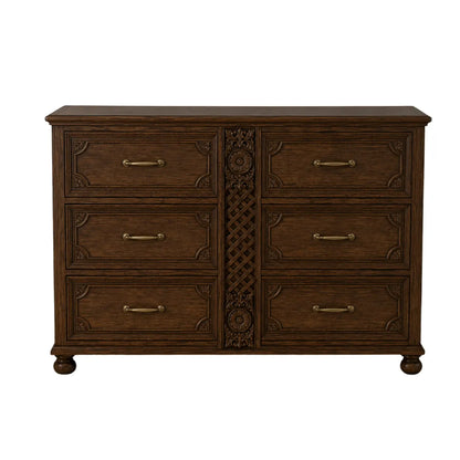Winnetka hand-carved solid wood 6 drawer dresser in teak finish, front view with carved lattice center panel