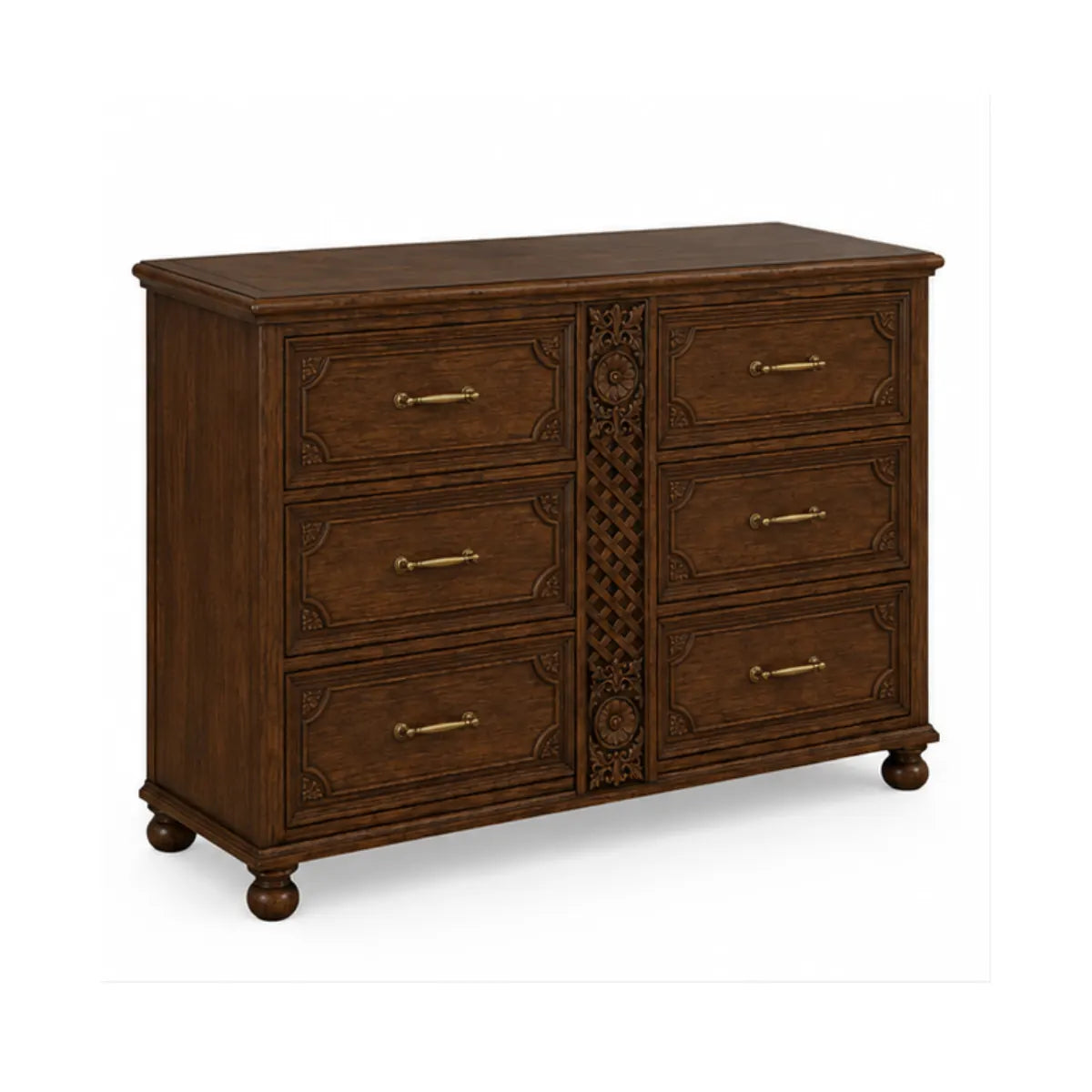 Left angle of Winnetka solid mango wood double dresser with paneled drawer fronts