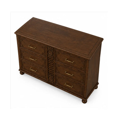 Overhead view of Winnetka 6 drawer dresser top surface in warm teak finish