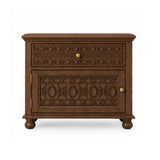 Winnetka hand-carved wood nightstand in teak finish, front view showing lattice-carved drawer and medallion cabinet door