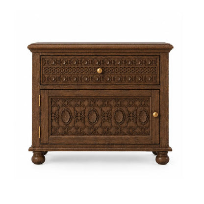 Winnetka hand-carved wood nightstand in teak finish, front view showing lattice-carved drawer and medallion cabinet door