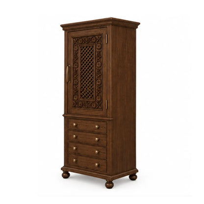 Angled view of Winnetka solid mango wood lingerie chest with brass handle and bun feet