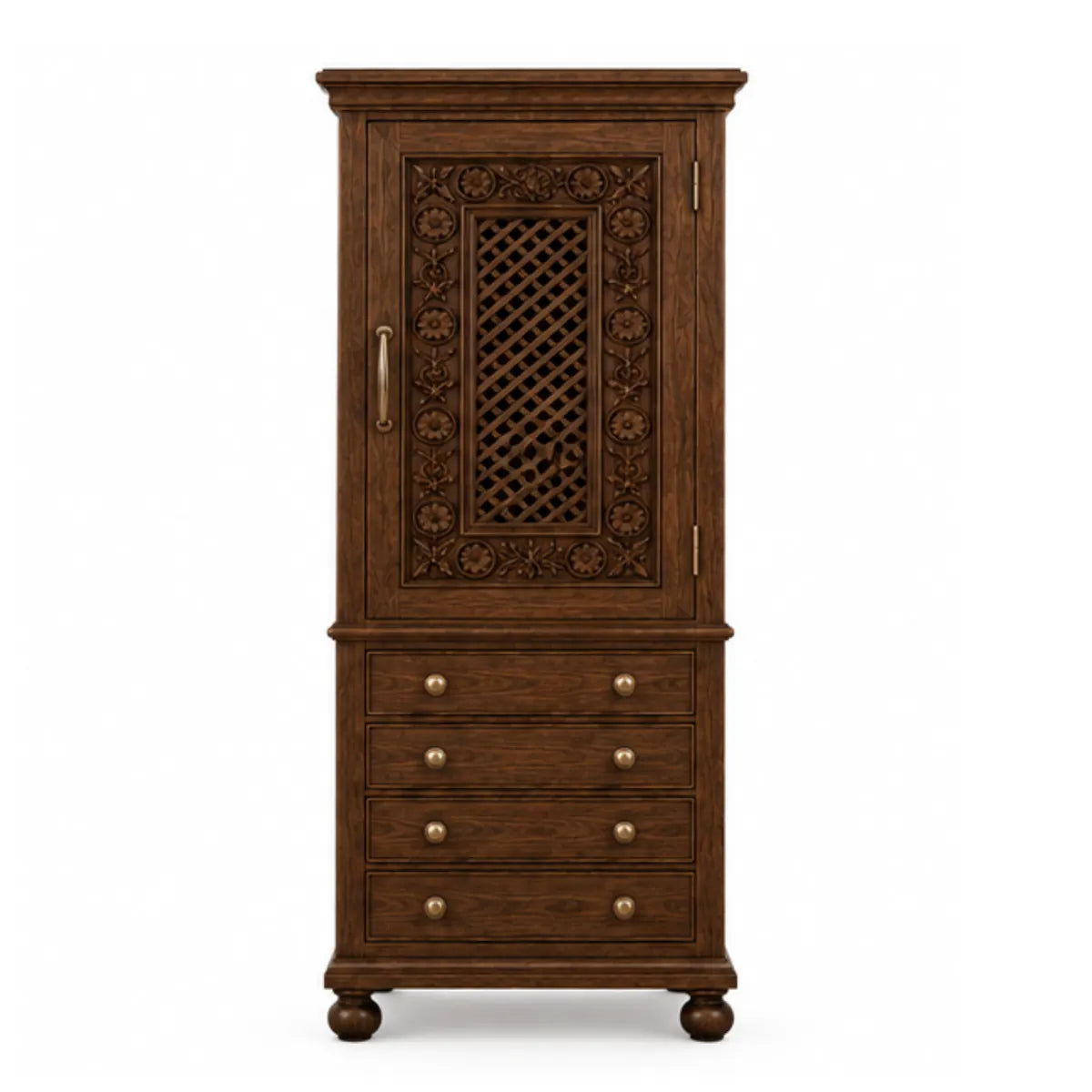 Winnetka hand-carved tall storage cabinet in teak finish, front view with lattice door and four drawers