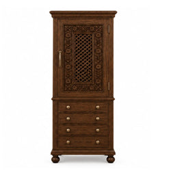 Winnetka hand-carved tall storage cabinet in teak finish, front view with lattice door and four drawers