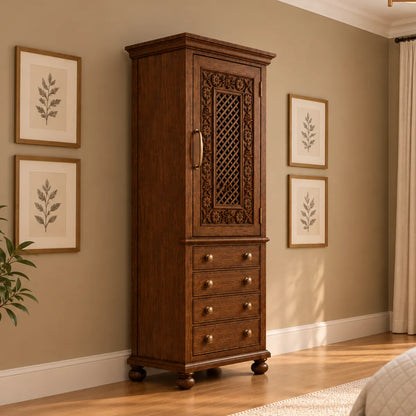 Winnetka carved wooden tall cabinet styled in a bedroom beside framed botanical prints