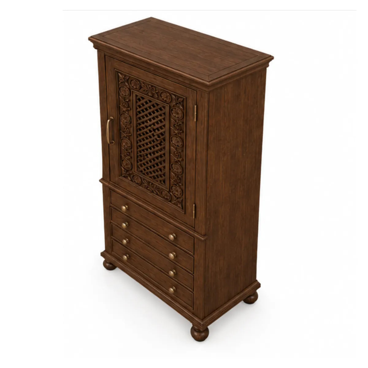 Overhead angle of Winnetka carved armoire cabinet showing crown molding and drawer knobs